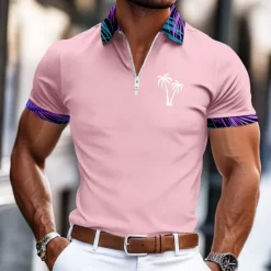 Discount OUKU Men's Palm Tree Zip Polo Short Sleeve Turndown Vacation Casual Daily Sports & Outdoor Athleisure Casual Daily Zipper Summer Amethyst Pink Black