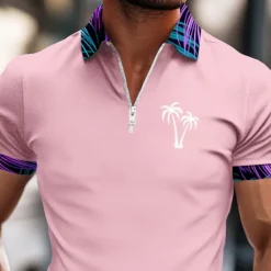 Discount OUKU Men's Palm Tree Zip Polo Short Sleeve Turndown Vacation Casual Daily Sports & Outdoor Athleisure Casual Daily Zipper Summer Amethyst Pink Black