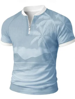Sale OUKU Men's Palm Tree Zip Polo Short Sleeve Stand Collar Vacation Leisure Athleisure Hawaiian Casual Daily Zipper 3D Print Summer Robin's Egg Blue Light Green Brown