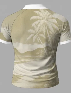 Sale OUKU Men's Palm Tree Zip Polo Short Sleeve Stand Collar Vacation Leisure Athleisure Hawaiian Casual Daily Zipper 3D Print Summer Robin's Egg Blue Light Green Brown