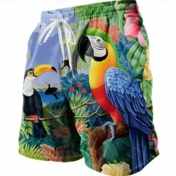 OUKU Men's Parrot Floral&Plants Jungle Swim Trunks Swim Shorts Board Shorts Mid Waist Tropical Streetwear Hawaiian Vacation Daily Holiday Drawstring Elastic Waist 3D Print Designer Clothing Apparel Blue