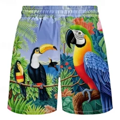 OUKU Men's Parrot Floral&Plants Jungle Swim Trunks Swim Shorts Board Shorts Mid Waist Tropical Streetwear Hawaiian Vacation Daily Holiday Drawstring Elastic Waist 3D Print Designer Clothing Apparel Blue