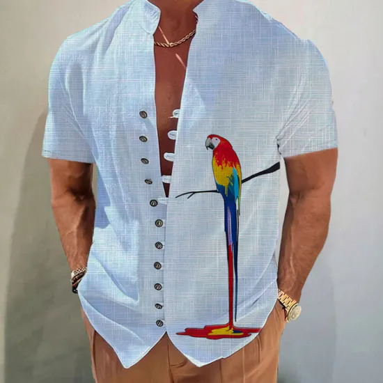 Hot OUKU Men's Parrot Shirt Button Up Shirt Short Sleeve Fashion Streetwear Designer Outdoor Casual Daily Spring & Summer Stand Collar Print White Pink Blue Gray