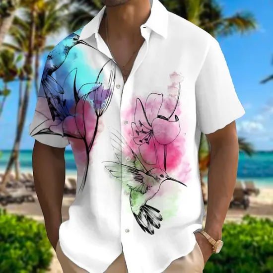 Best OUKU Men's Parrot Shirt Summer Hawaiian Shirt Aloha Shirt Short Sleeves Shirt Turndown Fashion Designer Casual Outdoor Street Casual Pink Red Purple S M L