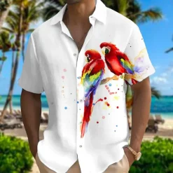 Best OUKU Men's Parrot Shirt Summer Hawaiian Shirt Aloha Shirt Short Sleeves Shirt Turndown Fashion Designer Casual Outdoor Street Casual Pink Red Purple S M L