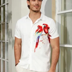 Best OUKU Men's Parrot Shirt Summer Hawaiian Shirt Aloha Shirt Short Sleeves Shirt Turndown Fashion Designer Casual Outdoor Street Casual Pink Red Purple S M L