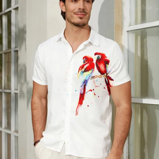 Best OUKU Men's Parrot Shirt Summer Hawaiian Shirt Aloha Shirt Short Sleeves Shirt Turndown Fashion Designer Casual Outdoor Street Casual Pink Red Purple S M L