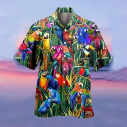 Online OUKU Men's Parrot Shirt Summer Hawaiian Shirt Camp Collar Shirt Short Sleeve Shirt Turndown Hawaiian Designer Casual Outdoor Street Casual Yellow Light Green Pink 3D Print S M L