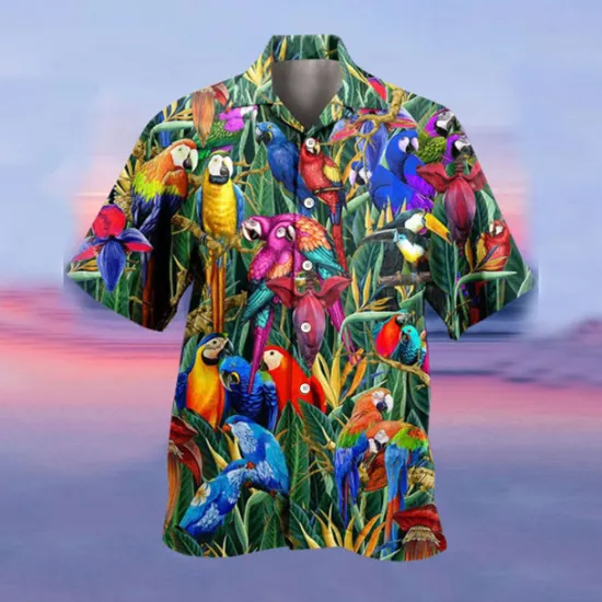 Online OUKU Men's Parrot Shirt Summer Hawaiian Shirt Camp Collar Shirt Short Sleeve Shirt Turndown Hawaiian Designer Casual Outdoor Street Casual Yellow Light Green Pink 3D Print S M L