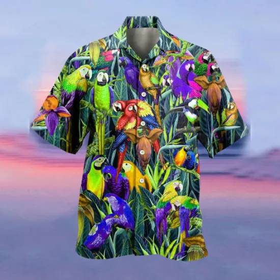 Online OUKU Men's Parrot Shirt Summer Hawaiian Shirt Camp Collar Shirt Short Sleeve Shirt Turndown Hawaiian Designer Casual Outdoor Street Casual Yellow Light Green Pink 3D Print S M L
