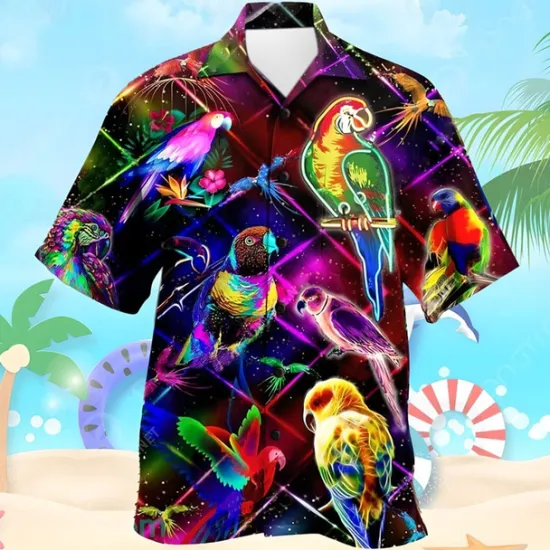 Best OUKU Men's Parrot Summer Hawaiian Shirt Aloha Shirt Short Sleeve Shirt Cuban Collar Vacation Artistic Rock Outdoor Vacation Hawaiian Red Purple S M L