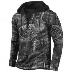 Hot OUKU Men's Patchwork Hoodie Sweatshirt Stylish Vintage Retro Hooded Streetwear Blue Black 2 Drawstring Fall Winter Designer