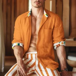 New OUKU Men's Patchwork Shirt Linen Shirt Summer Shirt Long Sleeve Basic Casual Beach Street Holiday Daily Wear Summer Fold-over Collar Orange