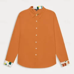 New OUKU Men's Patchwork Shirt Linen Shirt Summer Shirt Long Sleeve Basic Casual Beach Street Holiday Daily Wear Summer Fold-over Collar Orange