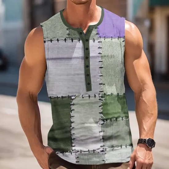 Sale OUKU Men's Patchwork Vintage Tank Top Henley Shirt Sleeveless Vintage Fashion Designer Outdoor Casual Daily Summer Spring & Fall Grey Blue Green Khaki Henley Henley T-Shirt