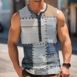 Sale OUKU Men's Patchwork Vintage Tank Top Henley Shirt Sleeveless Vintage Fashion Designer Outdoor Casual Daily Summer Spring & Fall Grey Blue Green Khaki Henley Henley T-Shirt