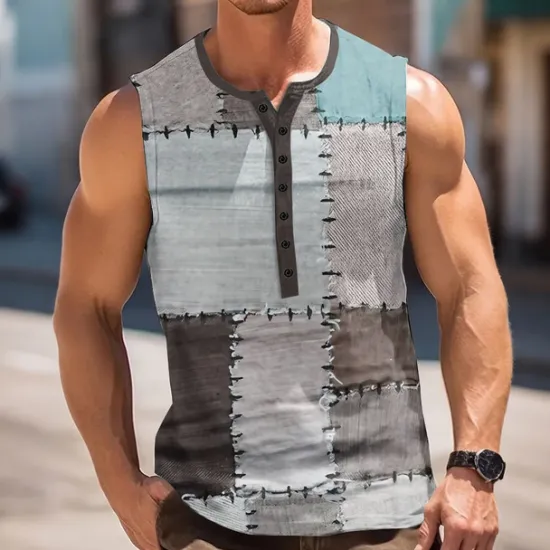 Sale OUKU Men's Patchwork Vintage Tank Top Henley Shirt Sleeveless Vintage Fashion Designer Outdoor Casual Daily Summer Spring & Fall Grey Blue Green Khaki Henley Henley T-Shirt