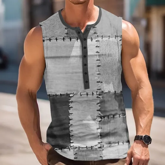 Sale OUKU Men's Patchwork Vintage Tank Top Henley Shirt Sleeveless Vintage Fashion Designer Outdoor Casual Daily Summer Spring & Fall Grey Blue Green Khaki Henley Henley T-Shirt