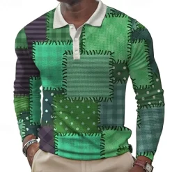 OUKU Men's Patchwork Waffle Polo Shirts Golf Shirt Long Sleeve Polo Shirts Collared Shirts Casual Party Evening Wear Dailywear Outdoor clothing Buttons 3D Print Spring Fall Winter Yellow Blue Purple
