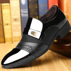 Online OUKU Men's Patent Faux Leather Dress Loafers – Formal Slip-On Shoes with Mesh Accents and Stylish Metal Buckle for Weddings and Business