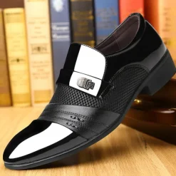 Online OUKU Men's Patent Faux Leather Dress Loafers – Formal Slip-On Shoes with Mesh Accents and Stylish Metal Buckle for Weddings and Business