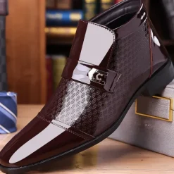 OUKU Men's Patent Leather Ankle Boots – Sleek Formal Design with Buckle Detail for Weddings, Parties, and Business Wear