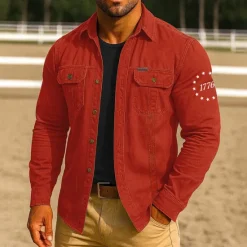 Outlet OUKU Men's Patriotic 1776 Work Shirt Western Shirt Cargo Shirt Long Sleeve Tactical Vintage Retro Sports Outdoor WorkWear Spring Fall Turndown Front Two Pockets Button Up Shirts Black Red Blue Orange Khaki