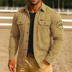 Outlet OUKU Men's Patriotic 1776 Work Shirt Western Shirt Cargo Shirt Long Sleeve Tactical Vintage Retro Sports Outdoor WorkWear Spring Fall Turndown Front Two Pockets Button Up Shirts Black Red Blue Orange Khaki