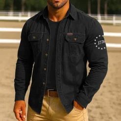 Outlet OUKU Men's Patriotic 1776 Work Shirt Western Shirt Cargo Shirt Long Sleeve Tactical Vintage Retro Sports Outdoor WorkWear Spring Fall Turndown Front Two Pockets Button Up Shirts Black Red Blue Orange Khaki