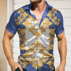 OUKU Men's Pattern Shirt Button Up Shirt Short Sleeve Casual Holiday Summer Spring Turndown Print Blue Purple Green Drak Red