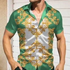 OUKU Men's Pattern Shirt Button Up Shirt Short Sleeve Casual Holiday Summer Spring Turndown Print Blue Purple Green Drak Red