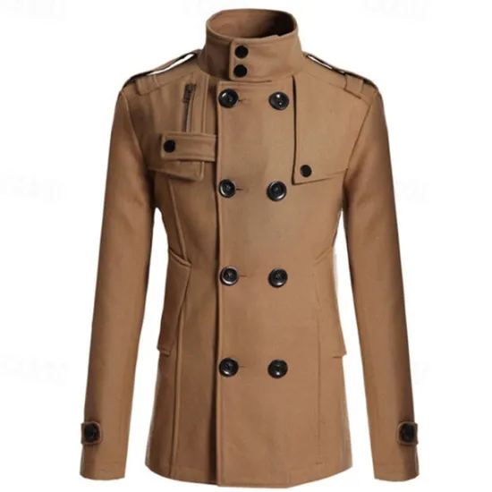 Discount OUKU Men's Peacoat Trench Coat Daily Vacation Fall & Winter Polyester Thermal Warm Outerwear Clothing Apparel Fashion Classic Plain Pocket Stand Collar Double Breasted