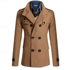 Discount OUKU Men's Peacoat Trench Coat Daily Vacation Fall & Winter Polyester Thermal Warm Outerwear Clothing Apparel Fashion Classic Plain Pocket Stand Collar Double Breasted