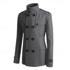 Discount OUKU Men's Peacoat Trench Coat Daily Vacation Fall & Winter Polyester Thermal Warm Outerwear Clothing Apparel Fashion Classic Plain Pocket Stand Collar Double Breasted