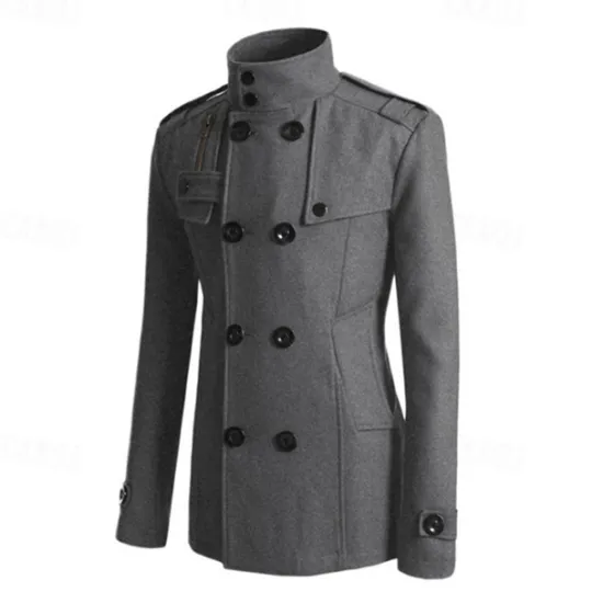 Discount OUKU Men's Peacoat Trench Coat Daily Vacation Fall & Winter Polyester Thermal Warm Outerwear Clothing Apparel Fashion Classic Plain Pocket Stand Collar Double Breasted