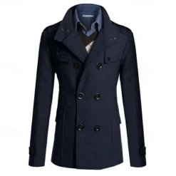 Discount OUKU Men's Peacoat Trench Coat Daily Vacation Fall & Winter Polyester Thermal Warm Outerwear Clothing Apparel Fashion Classic Plain Pocket Stand Collar Double Breasted