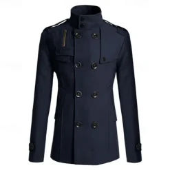 Discount OUKU Men's Peacoat Trench Coat Daily Vacation Fall & Winter Polyester Thermal Warm Outerwear Clothing Apparel Fashion Classic Plain Pocket Stand Collar Double Breasted