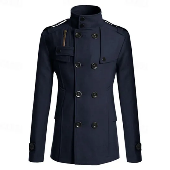 Discount OUKU Men's Peacoat Trench Coat Daily Vacation Fall & Winter Polyester Thermal Warm Outerwear Clothing Apparel Fashion Classic Plain Pocket Stand Collar Double Breasted