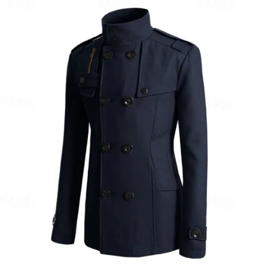 Discount OUKU Men's Peacoat Trench Coat Daily Vacation Fall & Winter Polyester Thermal Warm Outerwear Clothing Apparel Fashion Classic Plain Pocket Stand Collar Double Breasted