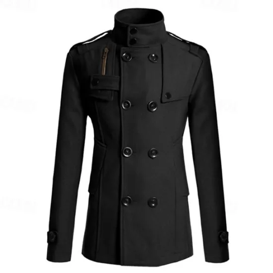 Discount OUKU Men's Peacoat Trench Coat Daily Vacation Fall & Winter Polyester Thermal Warm Outerwear Clothing Apparel Fashion Classic Plain Pocket Stand Collar Double Breasted