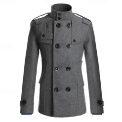 Discount OUKU Men's Peacoat Trench Coat Daily Vacation Fall & Winter Polyester Thermal Warm Outerwear Clothing Apparel Fashion Classic Plain Pocket Stand Collar Double Breasted