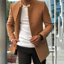 Best OUKU Men's Peacoat Trench Coat Daily Vacation Fall & Winter Polyester Thermal Warm Outerwear Clothing Apparel Fashion Classic Plain Pocket Stand Collar Single Breasted