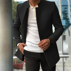 Best OUKU Men's Peacoat Trench Coat Daily Vacation Fall & Winter Polyester Thermal Warm Outerwear Clothing Apparel Fashion Classic Plain Pocket Stand Collar Single Breasted