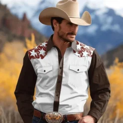Outlet OUKU Men's Pentagram Western Shirt Button Up Shirt Cowboy Shirt Long Sleeve Vintage Western Style Daily Wear Winter Spring & Fall Turndown Collared Shirts 3D Print Front Pocket Black White Navy Blue Khaki
