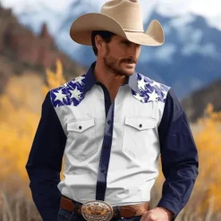 Outlet OUKU Men's Pentagram Western Shirt Button Up Shirt Cowboy Shirt Long Sleeve Vintage Western Style Daily Wear Winter Spring & Fall Turndown Collared Shirts 3D Print Front Pocket Black White Navy Blue Khaki