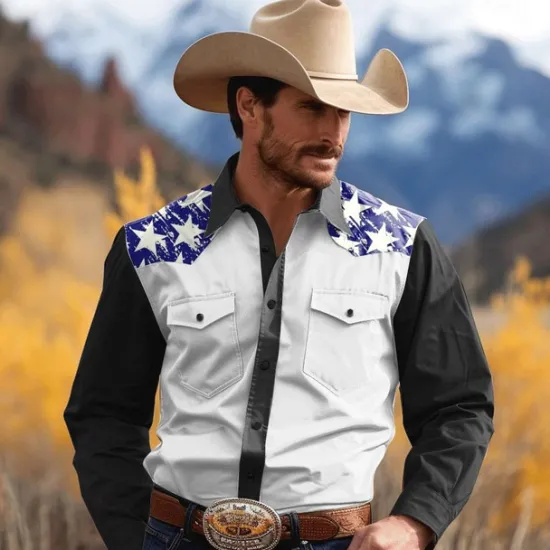 Outlet OUKU Men's Pentagram Western Shirt Button Up Shirt Cowboy Shirt Long Sleeve Vintage Western Style Daily Wear Winter Spring & Fall Turndown Collared Shirts 3D Print Front Pocket Black White Navy Blue Khaki