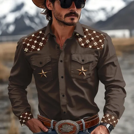 Best OUKU Men's Pentagram Western Shirt Cowboy Shirt Long Sleeve Western Sport Spring Fall Turndown Patchwork Dark Brown Brown