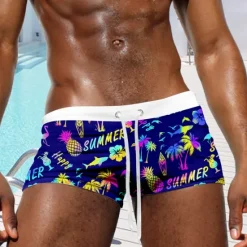 Discount OUKU Men's Pineapple Coconut Tree Fish Swim Trunks Swim Shorts Board Shorts Mid Waist Fashion Designer Surfing Holiday Beach Pocket Drawstring Elastic Waist Designer Clothing Apparel Dark Blue