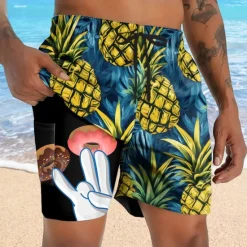 Outlet OUKU Men's Pineapple Funny Donuts Lined Shorts 2 in 1 Board Shorts Swim Shorts Mid Waist Hawaiian Vacation Holiday Beach Wear Side Pockets With Compression Liner Elastic Drawstring Waist Designer Clothing