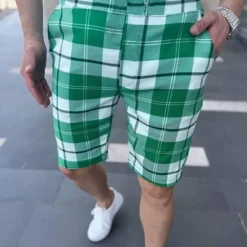 Online OUKU Men's Pink Shorts Shorts Chino Shorts Bermuda shorts Work Shorts Pocket Drawstring Print Grid / Plaid Breathable Soft Knee Length Casual Daily Holiday Simple Formal Gray Black-White Green